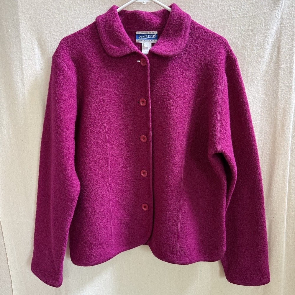 Pendleton Cardigan Size L Magenta Sweater Pure Virgin Wool Made In Hong Kong